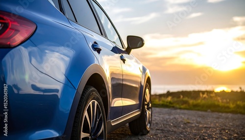Fototapeta Naklejka Na Ścianę i Meble -  Blue car at sunset