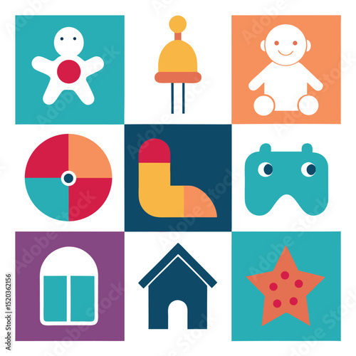 Playful illustration of abstract shapes and geometric figures for children and education