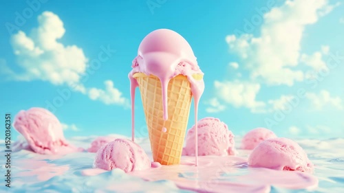 Melting ice cream cone in sunny landscape with pink scoops and blue sky