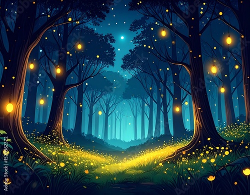 Mystical night forest glowing with lights