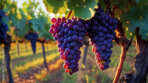 Lush Red Grapes Hanging on Vine in Vineyard at Sunset, Winemaking, Agriculture, Autumn Harvest