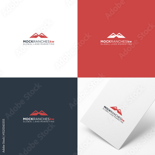 Visual branding showcase Mockranches KW logo on white red  navy backgrounds plus mockup on paper