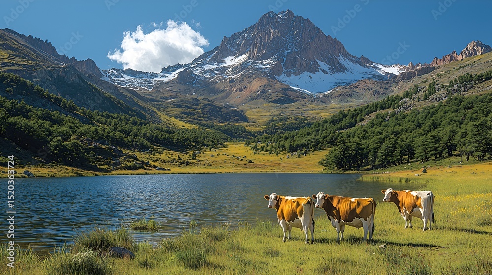 Fototapeta premium Three cows graze peacefully by a serene lake, majestic snow-capped mountains forming a breathtaking backdrop under a clear blue sky.