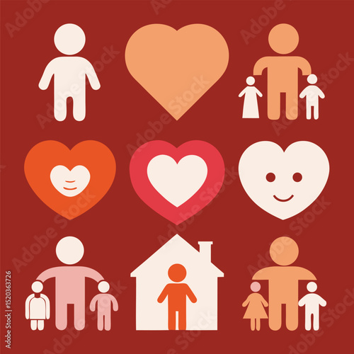 Simple illustrations of families, love, and happiness featuring hearts and home symbols