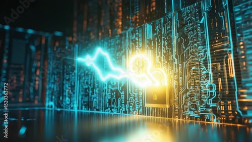 Digital security concept depicting a glowing padlock in a cybernetic circuit board environment