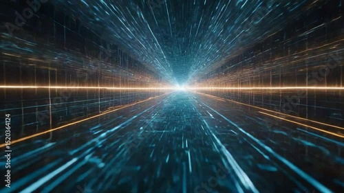 Digital tunnel animation with futuristic light trails and glowing lines for technology and data concepts