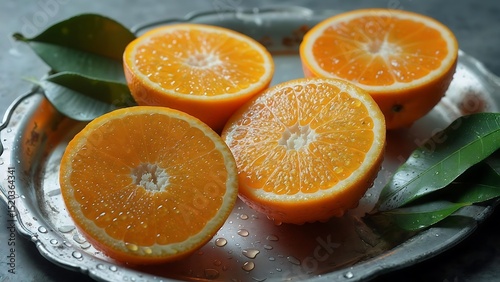 Juicy Orange Slices on Silver Tray with Green Leaves Refreshing Citrus Fruit Closeup Photography