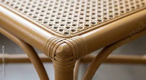 Close-up shot of a woven rattan chair corner showcasing intricate craftsmanship and natural textures. The chair's design highlights detail with warm tones and an inviting aesthetic.