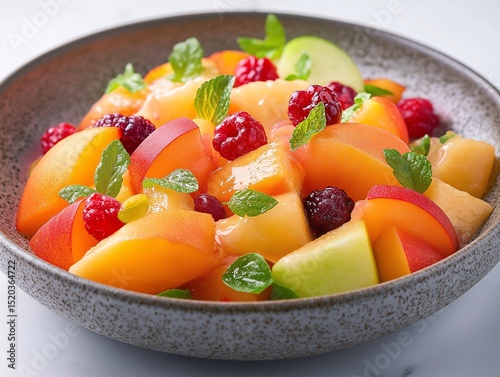 Fresh Fruit Salad. Colorful, Vibrant, and Nutritious Summer Dessert with Berries, Melon, and Mint Leaves. Healthy Snack and Recipe Inspiration