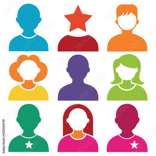Vector illustrations of colorful people icons in various shapes and styles