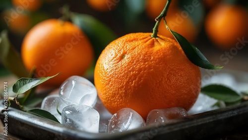 Juicy Orange Fruit on Ice Closeup Photography featuring vibrant citrus, refreshing ice cubes, and lush green leaves.