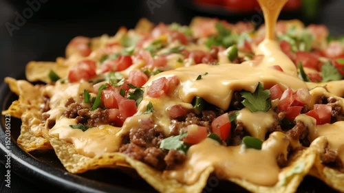 Glorious nacho cheese pouring over freshly prepared loaded nachos with tomato and cilantro garnish