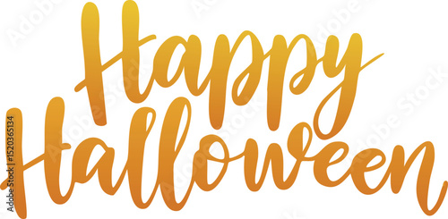 A festive 'Happy Halloween' typography design with a playful and spooky style. The word 'Halloween' is written in a large, orange, cursive font