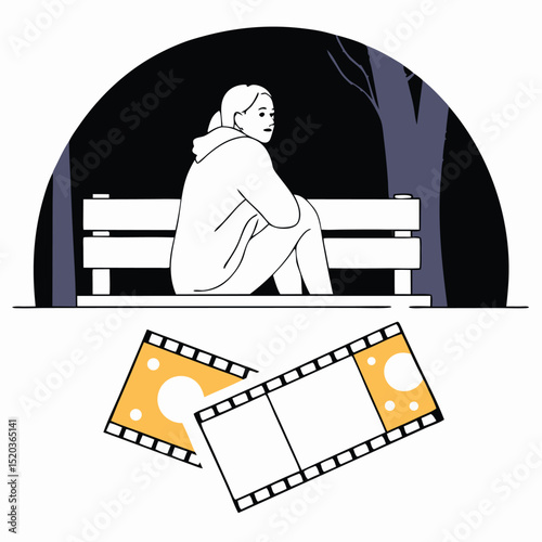 Woman on park bench and movie film strips depicting loss and nostalgia