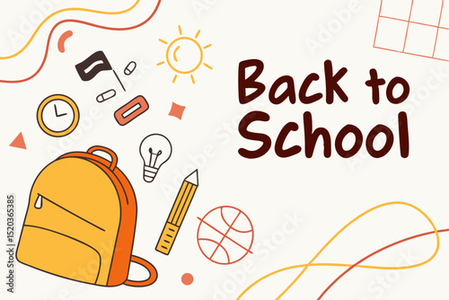 Back to school concept illustration with a modern flat design. A large yellow backpack on the left surrounded by school-related doodles. Bright, cheerful, and academic theme