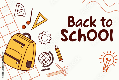 Back to school concept illustration with a modern flat design. A large yellow backpack on the left surrounded by school-related doodles. Bright, cheerful, and academic theme