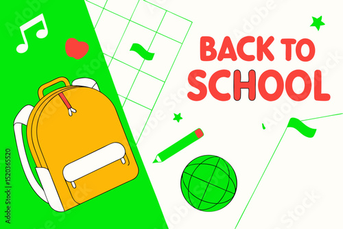 Back to school concept illustration with a modern flat design. A large yellow backpack on the left surrounded by school-related doodles. Bright, cheerful, and academic theme