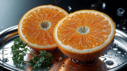 Juicy Orange Slices on Metallic Tray Fresh Citrus Fruit Background Photography