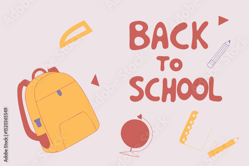 Back to school concept illustration with a modern flat design. A large yellow backpack on the left surrounded by school-related doodles. Bright, cheerful, and academic theme