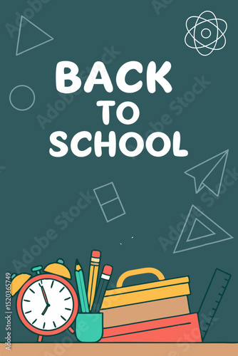 Back to school classroom scene with a chalkboard background filled with mathematical formulas, geometry diagrams, and white chalk scribbles. On a wooden desk in the foreground are school supplies