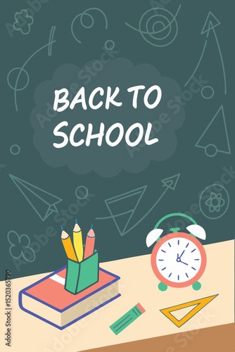 Back to school classroom scene with a chalkboard background filled with mathematical formulas, geometry diagrams, and white chalk scribbles. On a wooden desk in the foreground are school supplies