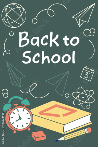 Back to school classroom scene with a chalkboard background filled with mathematical formulas, geometry diagrams, and white chalk scribbles. On a wooden desk in the foreground are school supplies