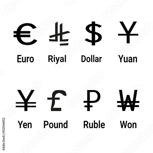 Currency symbols in different languages, reflecting global financial diversity