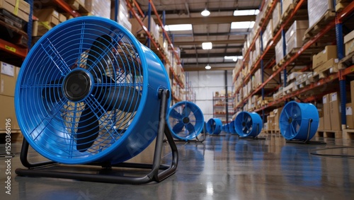Industrial fans drying wet floor, essential for structural drying post-water damage.