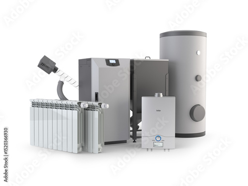 Modern Heating System Set – Pellet Stove, Boiler, Radiators, Water Heater, and Storage Tank Isolated on Transparent Background. 3D Illustration