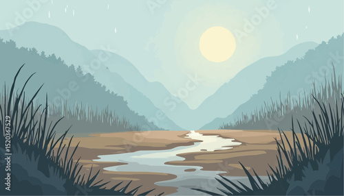 Mountain Landscape with River and Forest Illustration