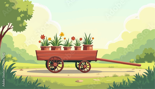 Flower Cart in Garden Illustration