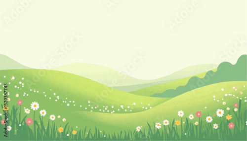Green Hills and Flowers Landscape Illustration
