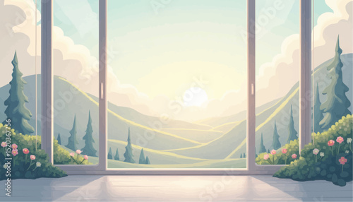 Window view of mountain landscape with trees and flowers
