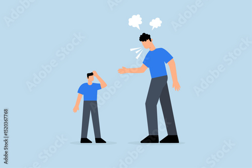 Big boss businessman yelling at dejected, underperforming employee and filled with rage and frustration.