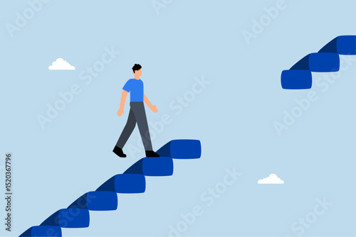 Career way impediment, savvy businessman walk to another level with caution of harmed broken staircase