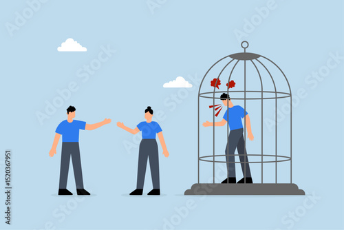 Toxic boss, angry manager captured and team are peacefully discussing work outside.