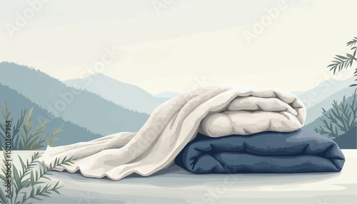 Folded blankets with mountain background