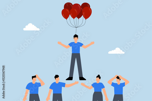 Innovation skill to different from others, Businessman flying above other competitors with balloon.