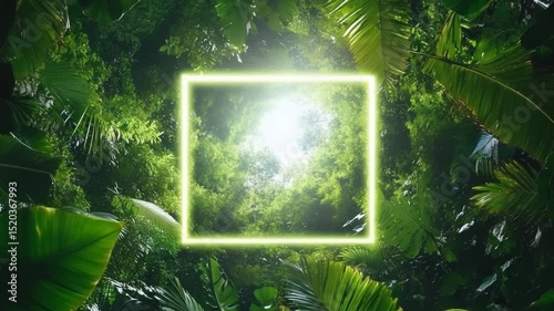Neon square framing a lush rainforest canopy