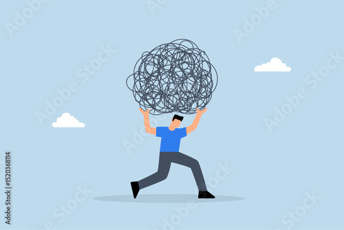 Stress burden, tired businessman carrying heavy tangled rope on his back.