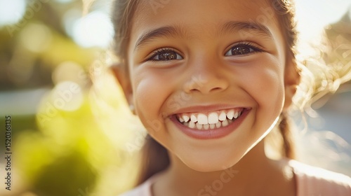 Close up of a young girl smiling joyfully showcasing her healthy teeth with a blurred background and copy space for text perfect for dental care advertisements