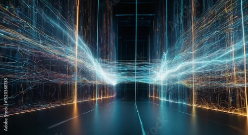 Dynamic futuristic tunnel of data flowing with glowing energy lines and digital information
