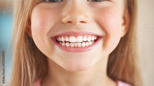 Close up of a young girl smiling joyfully showcasing her healthy teeth with a blurred background and copy space for text perfect for dental care advertisements