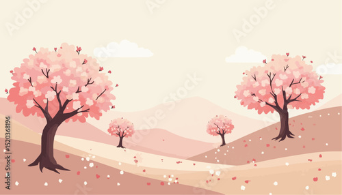 Cherry blossom tree on hills landscape