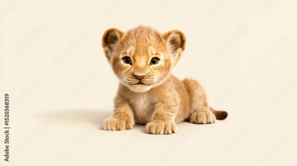 Obraz premium Cute Young Lion Cub Resting on Neutral Background with Gentle Expression and Soft Fur