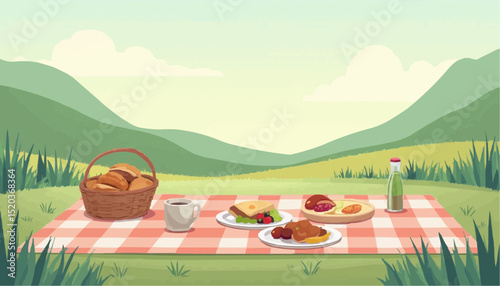 Picnic with Food on Blanket in Countryside Landscape