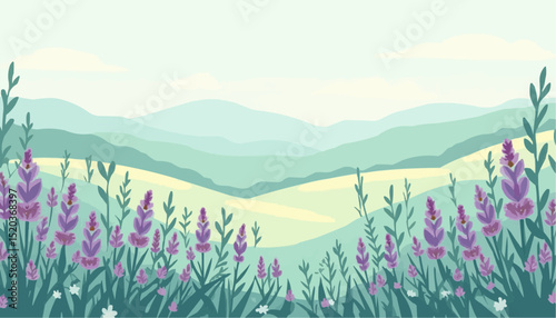 Landscape with lavender, hills, flowers