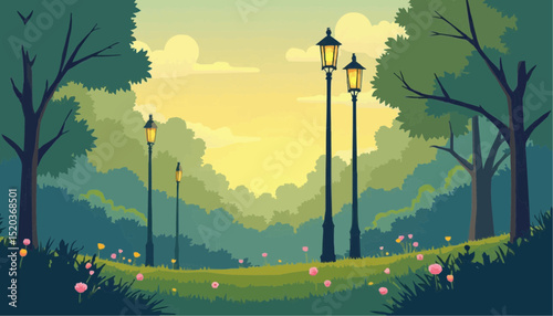 Park with Street Lamps, Trees and Flowers