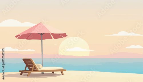 Beach chair and umbrella at sunset