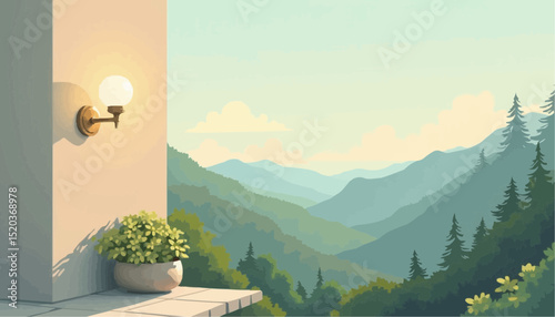 Mountain View with Pot and Wall Light